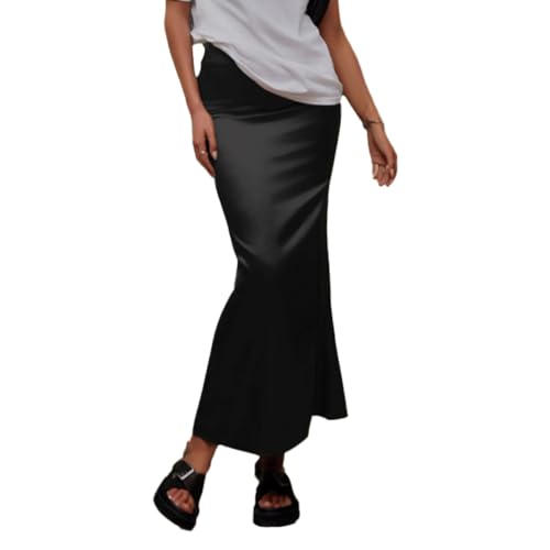EMOTTOS Damen Satin Rock Lang, Wickel-Hüfte High Waist Langer Maxi Rock, Hohe Qualität lässig Reißverschluss A Linien Fließender Damen Skirt, XL, Schwarz von EMOTTOS