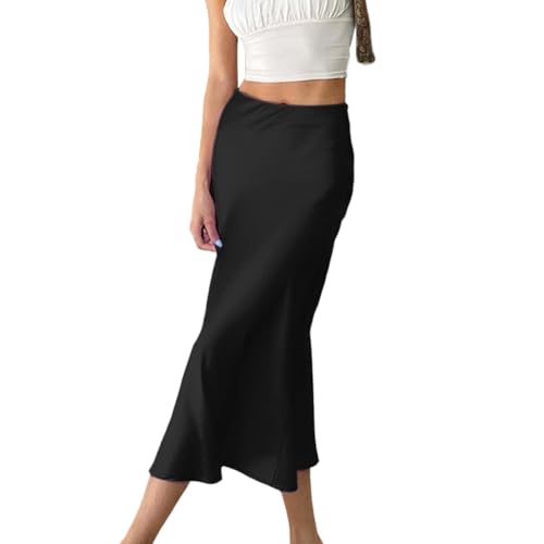 EMOTTOS Damen Satin Rock Lang, Wickel-Hüfte High Waist Midi Langer Rock, Hohe Qualität lässig Reißverschluss A Linien Fließender Maxi Damenrock, L, Schwarz von EMOTTOS