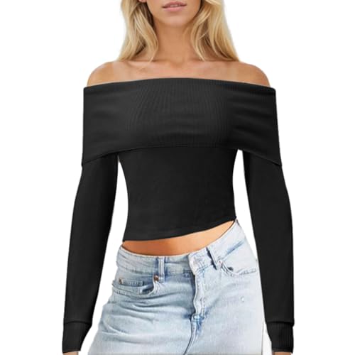 EMOTTOS Damen Schulterfreier Pullover, Y2K Slim Fit Oberteil Off Shoulder T-Shirts, Mode Going Out Club Party Basic Strickpullover Top, Schwarz, S von EMOTTOS
