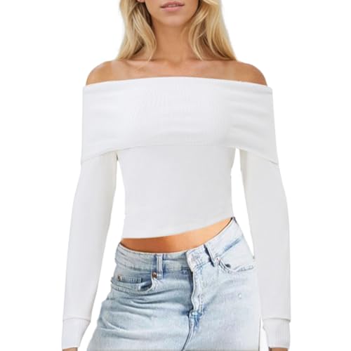 EMOTTOS Damen Schulterfreier Pullover, Y2K Slim Fit Oberteil Off Shoulder T-Shirts, Mode Going Out Club Party Basic Strickpullover Top, Weiß, S von EMOTTOS