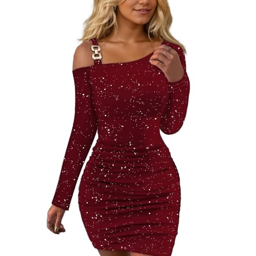 EMOTTOS Damen Sexy Pailletten Minikleid, Ausgehkleider Schulterfrei Quadratische Schnalle Abgeschrägte Schultern Wickelkleid, Unten Taille Falte Slim Fit Bodycon Enge Partykleid, Rot, M EMOTTOS Damen Sexy Pailletten Minikleid, Ausgehkleider Schulterfrei Quadratische Schnalle Abgeschrägte Schultern Wickelkleid, Unten Taille Falte Slim Fit Bodycon Enge Partykleid, Rot, M von EMOTTOS