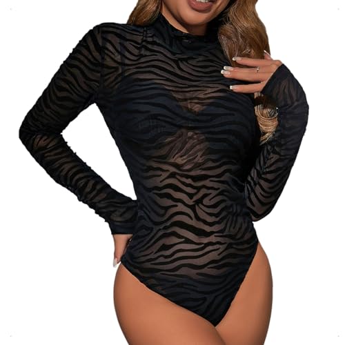 EMOTTOS Damen Sexy Spitze Bodysuit, beflockt gedruckt Sheer Mesh lange Ärmel, Rundhalsausschnitt See Through Jumpsuit für Frauen, Weiblich Sexy Leotard Clubwear(02ZEBRA-L) von EMOTTOS