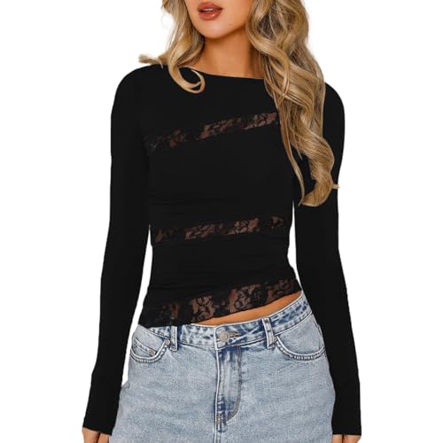 EMOTTOS Damen Sexy Spitzenoberteile - Y2k Schräger Halsausschnitt Knoten Langarm T-Shirt, Damen Slim Fit Rundhals Mesh Crop Tops, Sexy Skims Top Dupes Bluse mit Blumenspitze Club Streetwear.(Black-M) von EMOTTOS