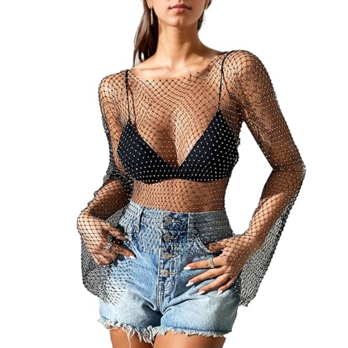 EMOTTOS Damen Sheer Netz Flared Langarm Glitzer Top, Durchsichtiger Polierter Weicher Stoff Transparentes Mesh Top Strasssteine, Fischnetz Netzoberteil Bluse für Sommer Club Party Tops, Schwarz, M von EMOTTOS