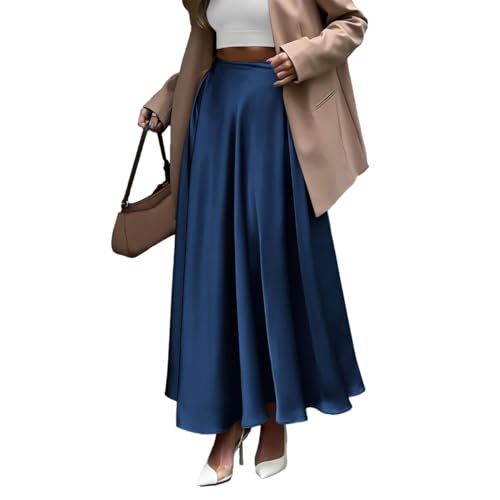 EMOTTOS Damen Silk Rock, Seidenrock Lang Satin Maxi Rock, Geeignet für Business Sommer Solide Farbe Hohe Taille Elastische Rock Casual Blau M von EMOTTOS
