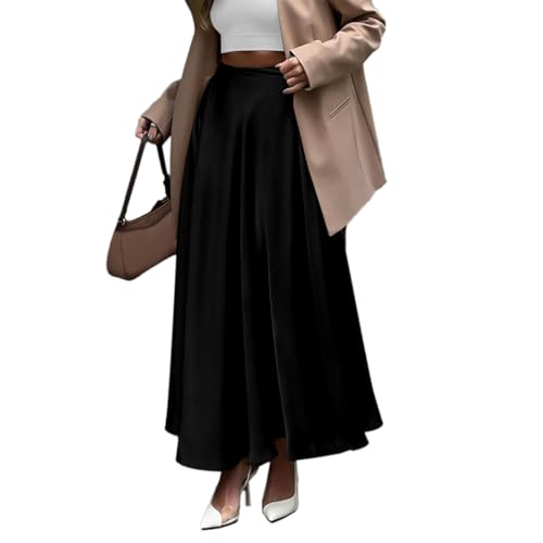 EMOTTOS Damen Silk Rock, Seidenrock Lang Satin Maxi Rock, Geeignet für Business Sommer Solide Farbe Hohe Taille Elastische Rock Casual Schwarz S von EMOTTOS