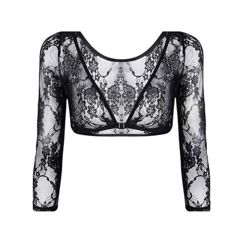 EMOTTOS Damen Spitze Bolero, Open Front V-Ausschnitt Shrug Top, Durchsichtig Elegant Mesh Bolero Shrug mit Haken-Öse Verschluss, Bestickter Floraler Kurze Oberteil für Kleid, Schwarz, L von EMOTTOS