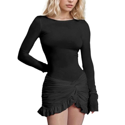 EMOTTOS Damen Twisted Wickelkleid, Cocktail Rüschensaum Kleid mit Elastischer Taille, Figurbetontes Kleider mit Rundhalsausschnitt, Mini Enges Kleid für Clubbing Party Cocktail, Schwarz, M von EMOTTOS