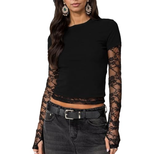 EMOTTOS Damen Y2K Spitzen Patchwork Langarm Crop Top, Falsches Zwei-Teile Rundhals T-Shirt mit Transparente Hülle, Casual Sexy Spitzenbesatz Oberteil für Sommer Party Outfits, Schwarz, S von EMOTTOS
