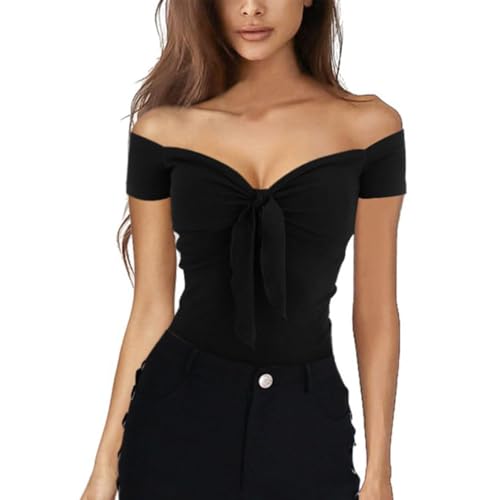 EMOTTOS Damen Y2K Top T-Shirt, Crop Tops Schulterfrei V Ausschnitt Kurzarm, Basic Enges Oberteil Short Sleeve Damen, Tiefer Ausschnitt Tshirts Cropped Shirt Slim Fit Frauen Sommer, Schwarz L von EMOTTOS