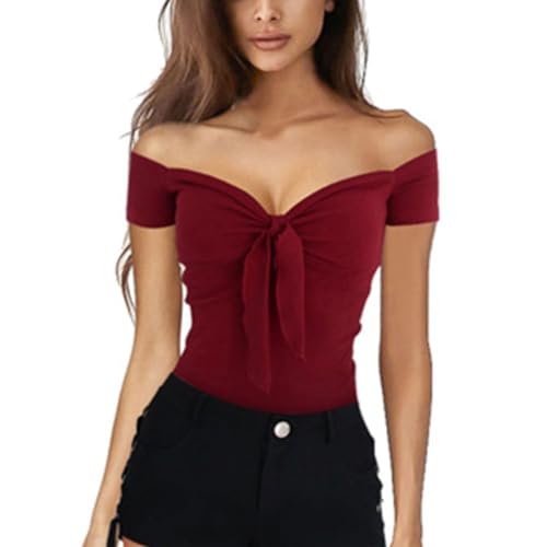 EMOTTOS Damen Y2K Top T-Shirt, Crop Tops Schulterfrei V Ausschnitt Kurzarm, Basic Enges Oberteil Short Sleeve Damen, Tiefer Ausschnitt Tshirts Cropped Shirt Slim Fit Frauen Sommer, Rot L von EMOTTOS