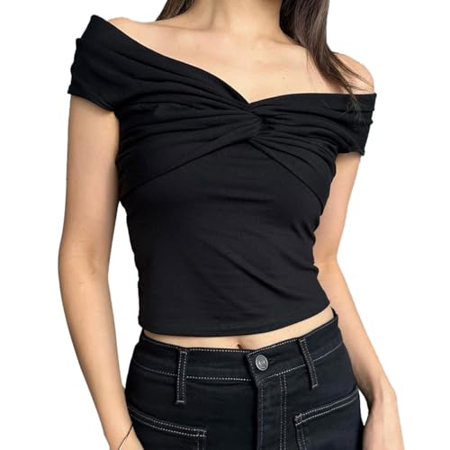 EMOTTOS Damen Y2K Top T-Shirt, Crop Tops Schulterfrei V Ausschnitt Kurzarm, Basic Enges Oberteil Short Sleeve Damen, Tiefer Ausschnitt Tshirts Cropped Shirt Slim Fit Sommer, Schwarz M von EMOTTOS