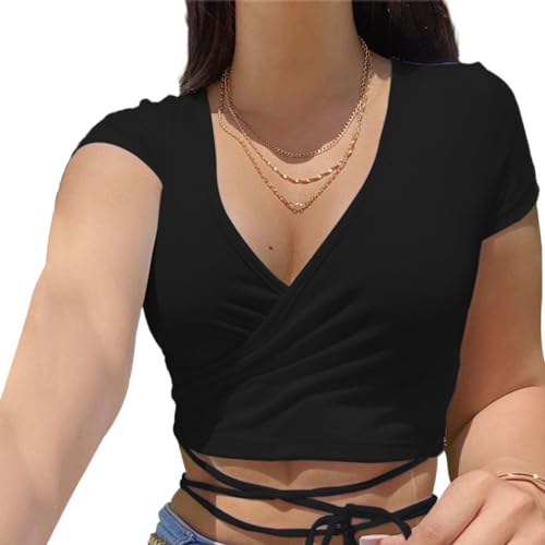 EMOTTOS Damen Y2K Top T-Shirt, Crop Tops V Ausschnitt Kurzarm, Front Krawatte Basic Enges Oberteil Short Sleeve Damen, Tiefer Ausschnitt Tshirts Cropped Shirt Slim Fit Sommer, Schwarz L von EMOTTOS
