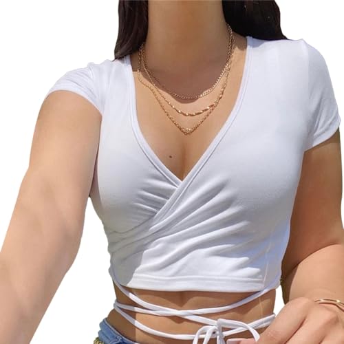 EMOTTOS Damen Y2K Top T-Shirt, Crop Tops V Ausschnitt Kurzarm, Front Krawatte Basic Enges Oberteil Short Sleeve Damen, Tiefer Ausschnitt Tshirts Cropped Shirt Slim Fit Sommer, Weiß S von EMOTTOS