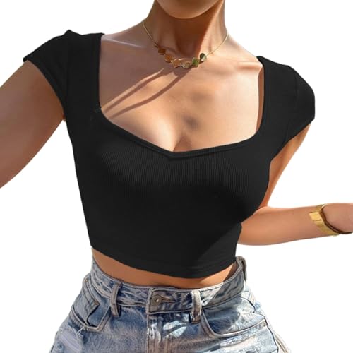 EMOTTOS Damen Y2K Top T-Shirt, Skims Crop Tops V Ausschnitt Kurzarm, Rückenfrei Basic Enges Oberteil Short Sleeve Damen, Tiefer Ausschnitt Tshirts Casual Cropped Shirt Slim Fit Sommer, Schwarz M von EMOTTOS