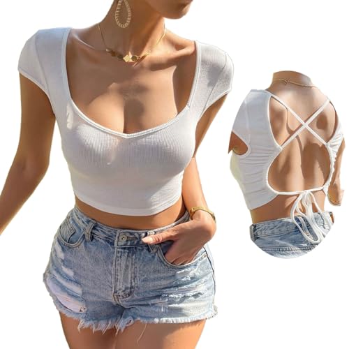 EMOTTOS Damen Y2K Top T-Shirt, Crop Tops V Ausschnitt Kurzarm, Rückenfrei Basic Enges Oberteil Short Sleeve Damen, Tiefer Ausschnitt Tshirts Casual Cropped Shirt Slim Fit Sommer, Weiß M von EMOTTOS