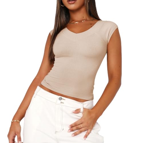 EMOTTOS Damen Y2K Top T-Shirt, Slim Crop Tops V Ausschnitt Kurzarm Rippshirt, Basic Enges Oberteil Short Sleeve Damen, Tiefer Ausschnitt Tshirts Cropped Shirt Slim Fit Frauen Sommer, Aprikose M von EMOTTOS