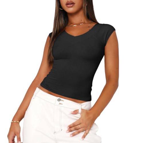 EMOTTOS Damen Y2K Top T-Shirt, Slim Crop Tops V Ausschnitt Kurzarm Rippshirt, Basic Enges Oberteil Short Sleeve Damen, Tiefer Ausschnitt Tshirts Cropped Shirt Slim Fit Frauen Sommer, Schwarz M von EMOTTOS