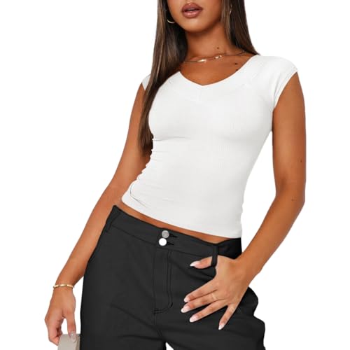 EMOTTOS Damen Y2K Top T-Shirt, Skims Crop Tops V Ausschnitt Kurzarm Rippshirt, Basic Enges Oberteil Short Sleeve Damen, Tiefer Ausschnitt Tshirts Cropped Shirt Slim Fit Frauen Sommer, Weiß L von EMOTTOS