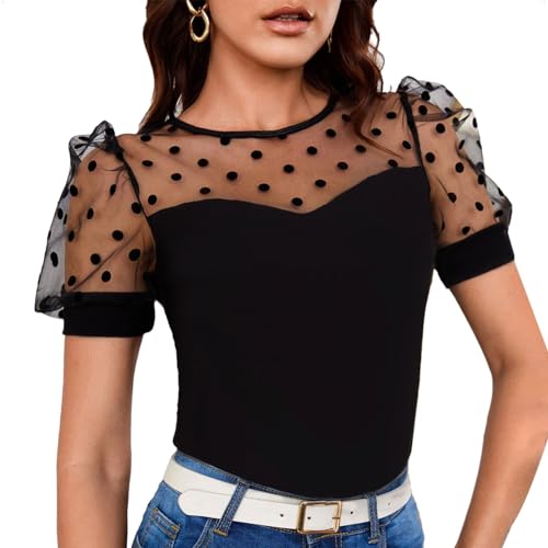 EMOTTOS Damen Y2K Top T-Shirt, Tops V Ausschnitt Kurzarm mit Durchsichtigem Puffärmel, Basic Enges Oberteil Sommer Short Sleeve Damen, Tiefer Ausschnitt Tshirts Shirt Slim Fit Frauen, Schwarz L von EMOTTOS