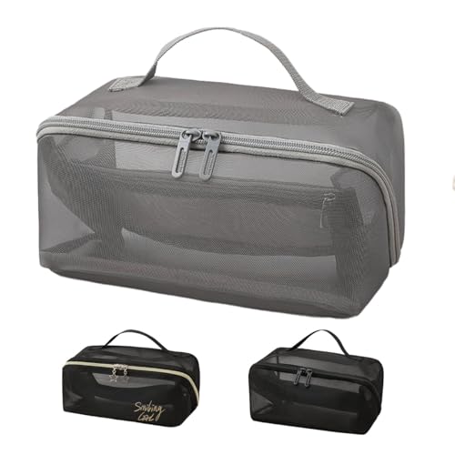 EMOTTOS Doppel Reißverschluss Reisekosmetiktasche, Multifunktionale Netz-Kosmetiktasche, Großraum-Toilettenbeutel mit Tragegriff und Trennwand für Frauen, Mädchen, Freunde(Grey) von EMOTTOS