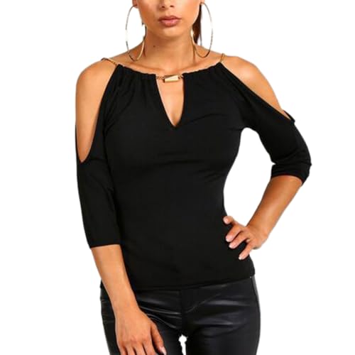 EMOTTOS Einzigartige Damen 3/4-Ärmel Tops, V-Ausschnitt Lässiges T-Shirt mit beweglicher Kette, Off-Shoulder 3/4 Lange Ärmel Tunika Tops Pullover T-Shirt(Black-L) von EMOTTOS