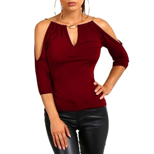 EMOTTOS Einzigartige Damen 3/4-Ärmel Tops, V-Ausschnitt Lässiges T-Shirt mit beweglicher Kette, Off-Shoulder 3/4 Lange Ärmel Tunika Tops Pullover T-Shirt(RED-L) von EMOTTOS