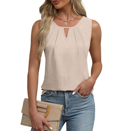 EMOTTOS Frauen Geraffte ärmellose Tops, Sommer Lässig V-Ausschnitt Ausschnitt Tank Top, Lose Swing Geschwungenen Saum Weste Tops mit Cinched Taille Saum, Aprikose, M von EMOTTOS