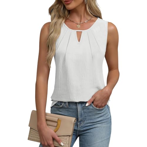 EMOTTOS Frauen Geraffte ärmellose Tops, Sommer Lässig V-Ausschnitt Ausschnitt Tank Top, Lose Swing Geschwungenen Saum Weste Tops mit Cinched Taille Saum, Weiß, L von EMOTTOS