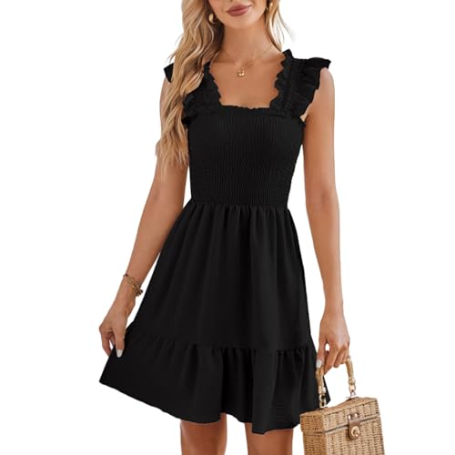 EMOTTOS Frauen Geraffte ärmelloses Minikleid, Sommer Rückenfreie Plissierte Kleider mit Quadratischem Ausschnitt, Lockere Swing-Kleider mit Gerafften Ärmeln für Club Party, Schwarz, XL von EMOTTOS