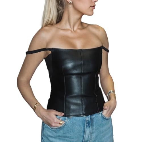 EMOTTOS Frauen Leder Spaghettiträger Tank Tops, Sexy Ärmelloses PU Vest Cut Out Camisole, Y2K Slim Fit Top mit Elastischem Träger, Night Club Party Rave Tshirts für Damen, Schwarz, M von EMOTTOS