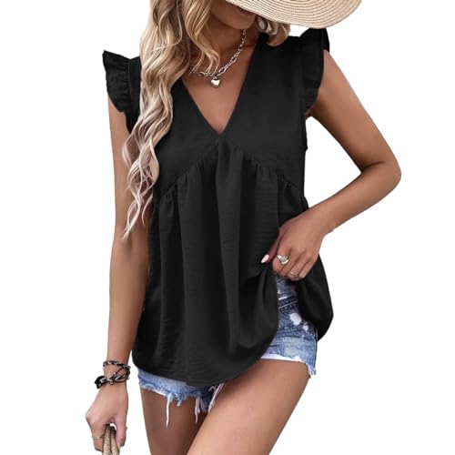 EMOTTOS Frauen Sommer Geraffte Tops, Lässige V-Ausschnitt Weste Tops mit Gerafften Ärmeln, Lockere Swing Saum Geraffte Crop Top Vest, Schwarz, L von EMOTTOS