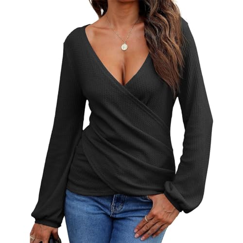 EMOTTOS Frauen Tiefe Waffel-Tops mit V-Ausschnitt, Slim Fit Cross Wrap Crop Tops, Langärmeliges Rüschenhemd mit Unregelmäßigem Gerafften, Modisches Y2K T-Shirt für Club, Schwarz, XL von EMOTTOS