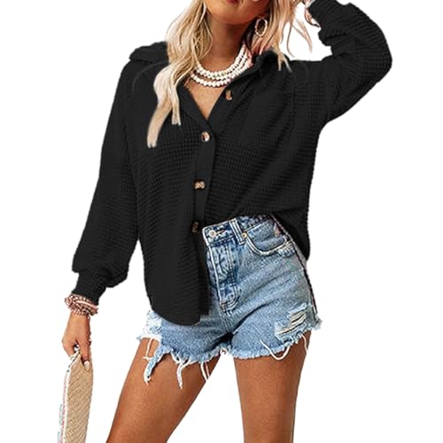 EMOTTOS Frauen Waffel Knopf Hemden, Oversize Karierte Hemden Langarm Jacke mit Revers, Casual Basic Strickbluse Hemden mit Tasche, Basic Loose Tunika Hemden Casual Office(Schwarz -M) von EMOTTOS