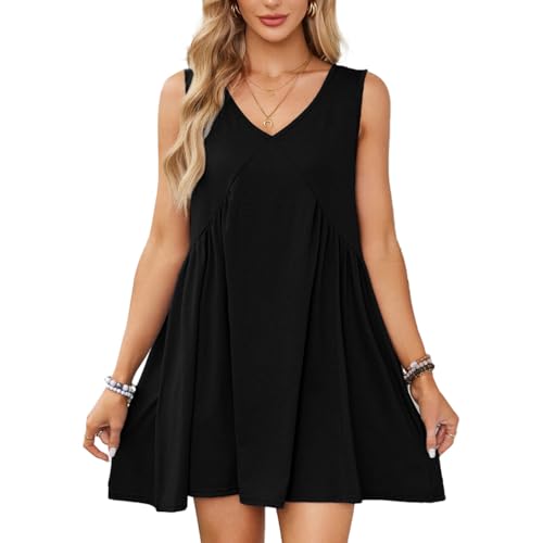 EMOTTOS Frauen ärmelloses Minikleid, Sommer Lässig Rüschenkleider mit Taschen, Loose Swing Saum Kleid mit V-Ausschnitt für Club Party, Schwarz, M von EMOTTOS