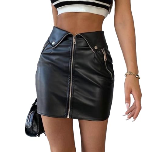 EMOTTOS Lederrock Damen Rock, Reißverschluss Kunstleder Elastische Stretch Bleistiftrock Minirock Zwei Tragemöglichkeiten, Zwei Seitentaschen mit Reißverschluss High Waist Enger Rock, Schwarz, M von EMOTTOS
