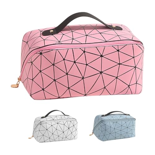 EMOTTOS Rhombus Reisekosmetiktasche, Multifunktionale PU Leder Kosmetiktasche, Großes Fassungsvermögen Kosmetiktaschen Aufbewahrungstasche mit Henkel und Trennwand für Frauen, Mädchen, Freunde(PINK) von EMOTTOS