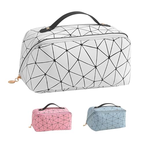 EMOTTOS Rhombus Reisekosmetiktasche, Multifunktionale PU Leder Kosmetiktasche, Großes Fassungsvermögen Kosmetiktaschen Aufbewahrungstasche mit Henkel und Trennwand für Frauen, Mädchen, Freunde(White) von EMOTTOS