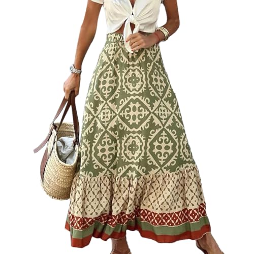 EMOTTOS Rock Damen Sommer, Boho Rock Lang Hohe Taille, Elastische Swing Rock A Line Blum Endruck Sommer Elegant, Strandkleid Damen Lang, Maxirock Damen Lang, Grün M von EMOTTOS