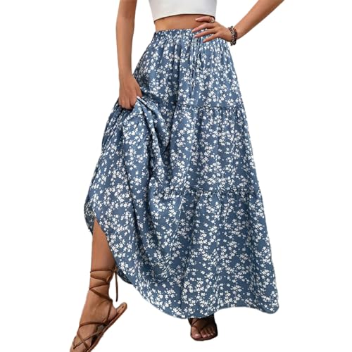 EMOTTOS Rock Lang Damen Sommer, Bedruckter Maxi Skirt Damen Boho Elastische Taille A-Linie Faltenrock Floral Urlaub Sommer, Blau L von EMOTTOS