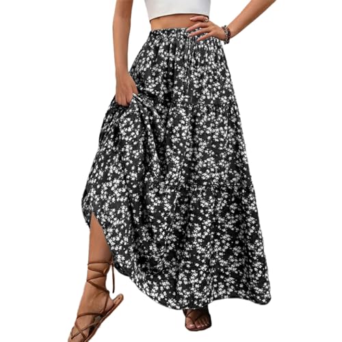 EMOTTOS Rock Lang Damen Sommer, Bedruckter Maxi Skirt Damen Boho Elastische Taille A-Linie Faltenrock Floral Urlaub Sommer, Schwarz M von EMOTTOS
