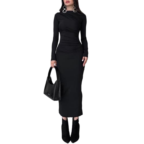 EMOTTOS Sexy Rüschen Maxi Wrap Kleid, Elegante Trule Hals Rücken Schlitz Kleider, Weiche Stretchy Lange Ärmel Bleistift Kleider für Cocktail Club Party (Schwarz, L) von EMOTTOS