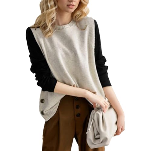 EMOTTOS ärmellose Strickweste Damen, Plain Sleeveless Jumpers Chunky Buttons Sweaters mit Rundhalsausschnitt, Pull Over Soft Casual Stylish Vintage Pullunder, Beige, Einheitsgröße von EMOTTOS