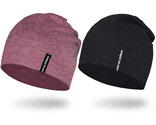 EMPIRELION Lightweight Beanies Hats for Men Women Running Skull Cap Helmet Liner Sleep Caps (Ruby Wine Mel. + Black, 2) von EMPIRELION