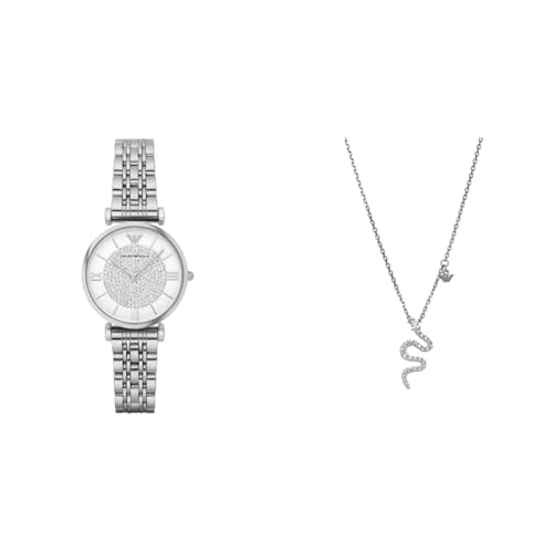 EMPORIO ARMANI Damen Silberfarbene Edelstahl Uhr und Halskette, Set von EMPORIO ARMANI