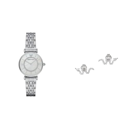 EMPORIO ARMANI Damen Silberfarbene Edelstahl Uhr und Ohrringe, Set von EMPORIO ARMANI