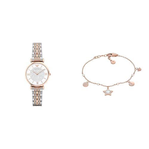 EMPORIO ARMANI Damen Zweifarbige Edelstahl Uhr und Roségoldfarbener Messing Armband, Set von EMPORIO ARMANI