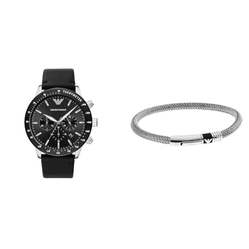 EMPORIO ARMANI Herren Schwarze Lederuhr und Silberfarbener Edelstahl Armband, Set von EMPORIO ARMANI