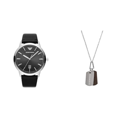 EMPORIO ARMANI Herren Schwarze Lederuhr und Silberfarbener Edelstahl Halskette, Set von EMPORIO ARMANI
