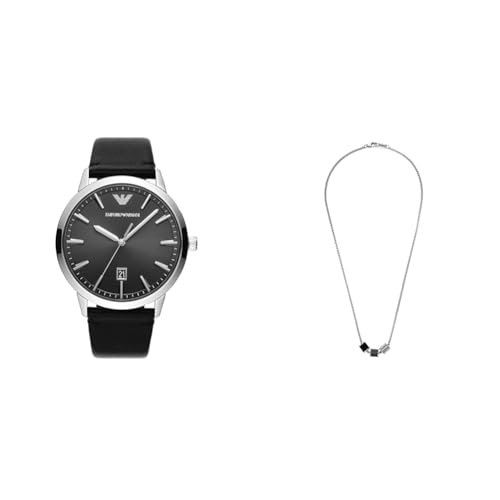 EMPORIO ARMANI Herren Schwarze Lederuhr und Silberfarbener Edelstahl Halskette, Set von EMPORIO ARMANI